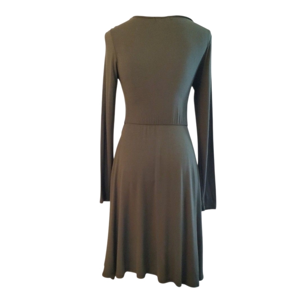 Heart Hips Long Sleeve Olive Green V-neck Midi Wrap Dress Flared Skirt Size M - Picture 2 of 6
